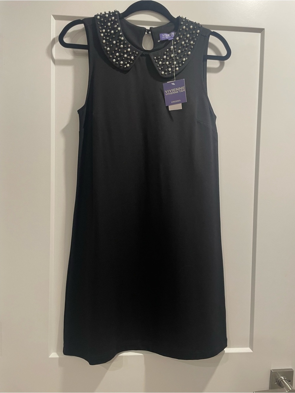 Vivienne Tam Black Sleeveless Dress with Bedazzled Beaded Peter Pan Collar